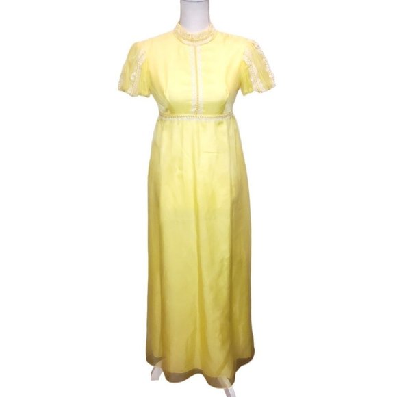 Vintage 70s Womens XS Lemon Yellow Long Maxi‎ Hostess Dress Ruffles Regencycore - Picture 2 of 9